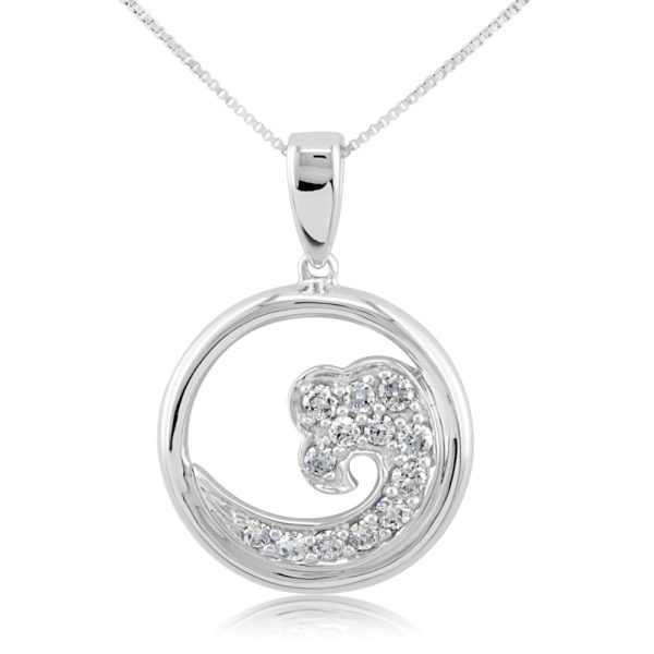 14K White Gold White Diamond Wave 15mm Pendant For Sale