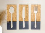 Fork, spoon, and knife set handmade of wood wall decor in dark charcoal Online now