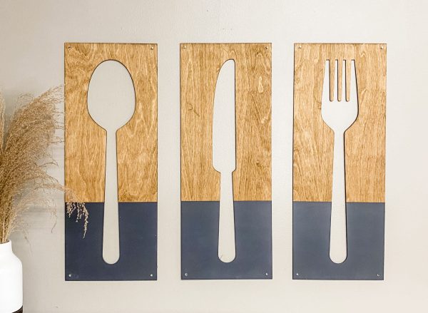 Fork, spoon, and knife set handmade of wood wall decor in dark charcoal Online now