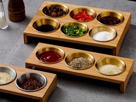 Wooden Condiment Set with Stainless Steel Dip Bowls on Bamboo Tray Hot on Sale