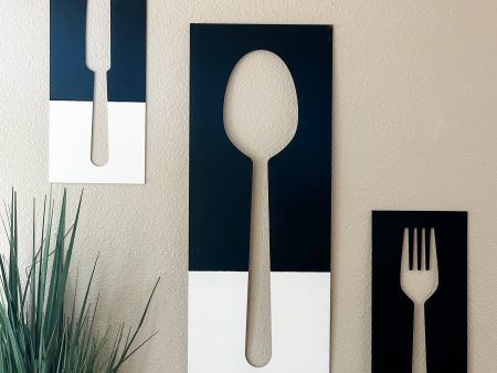 Fork, spoon, and knife set handmade of wood wall decor in black and white Online Sale