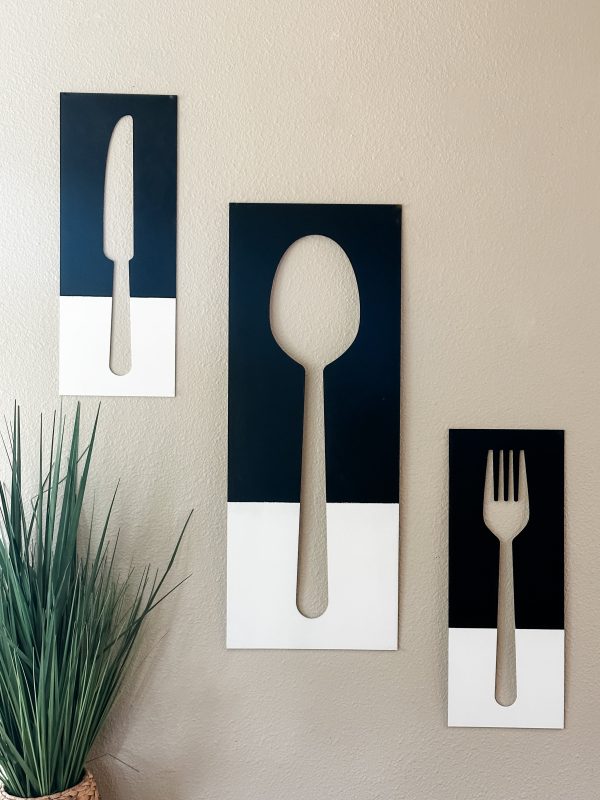 Fork, spoon, and knife set handmade of wood wall decor in black and white Online Sale