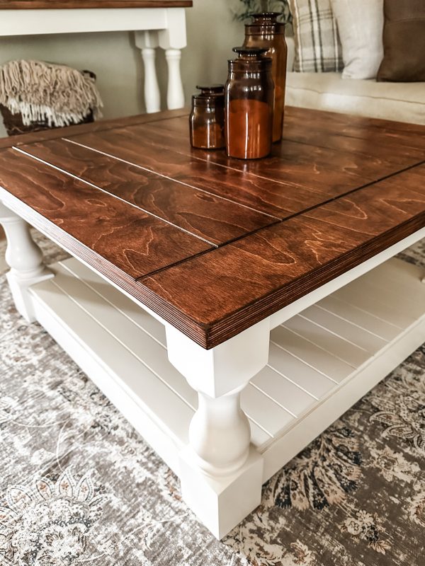 Rustic baluster square farmhouse coffee table in red oak on Sale