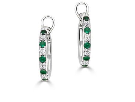 18k White Gold .23cttw Emerald & .22cttw Diamond Hoop Earrings on Sale