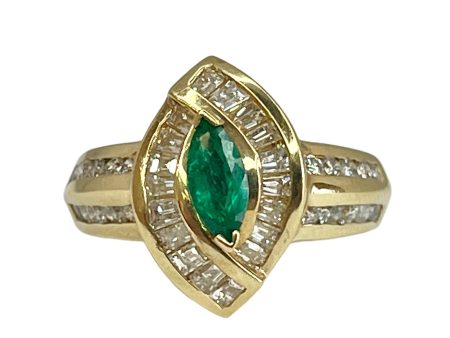 14k Yellow Gold .54ctw Marquise Emerald & .38ctw Diamond Ring Cheap