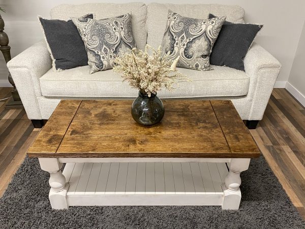 Baluster rectangle farmhouse coffee table distressed with warm brown top For Cheap