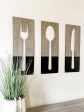 Fork, spoon, and knife wall decor in dark charcoal with aged barrel stain For Sale