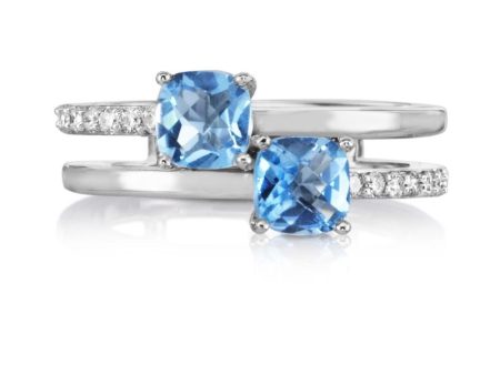 14K White Gold 5mm Cushion Blue Topaz Diamond Ring on Sale