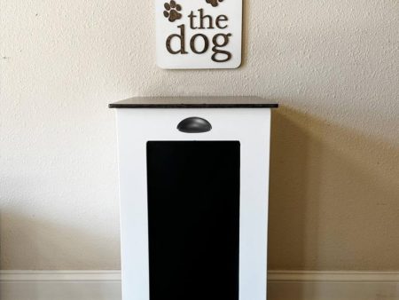 Single style pet food storage in white with a chalkboard front and stain top For Sale