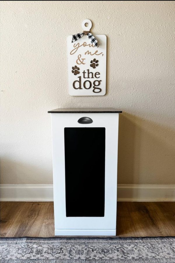 Single style pet food storage in white with a chalkboard front and stain top For Sale