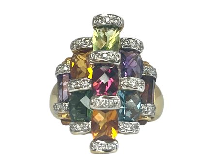 18k Yellow & White Gold Cushion Cut Multi-Gemstone and Diamond Ring on Sale