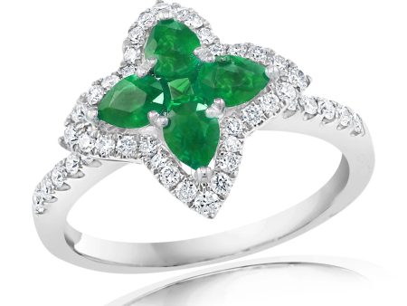 18k White Gold .61cttw Emerald & .35cttw Diamond Floral Ring Online Sale