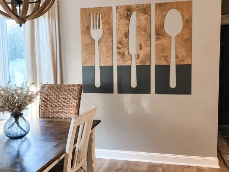 Fork, spoon, and knife set handmade of wood wall decor in dark charcoal Online now